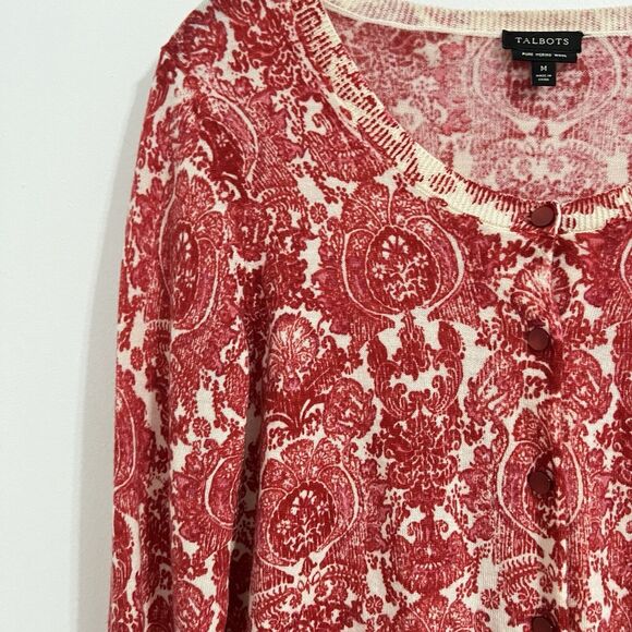 Talbots 100% Merino Wool Sweater Cardigan Size M Red Printed Button Front Artsy - Picture 2 of 6